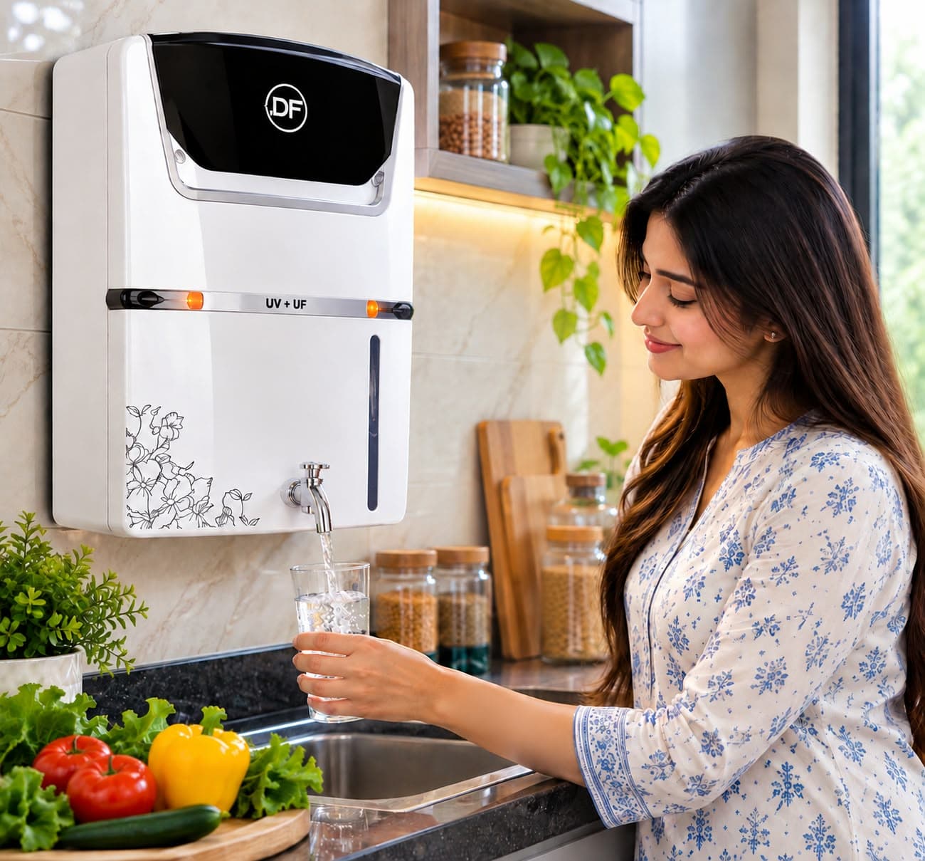Filling a glass from a wall-mounted Doctor Fresh purifier